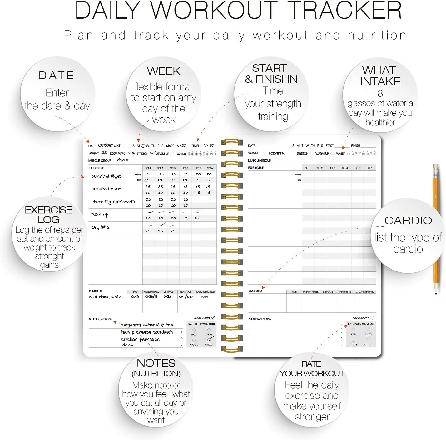 Workout Log Book Wellness Journal Black Fitness Exercise Planner Custom Printing Daily Diary Spiral Notebook