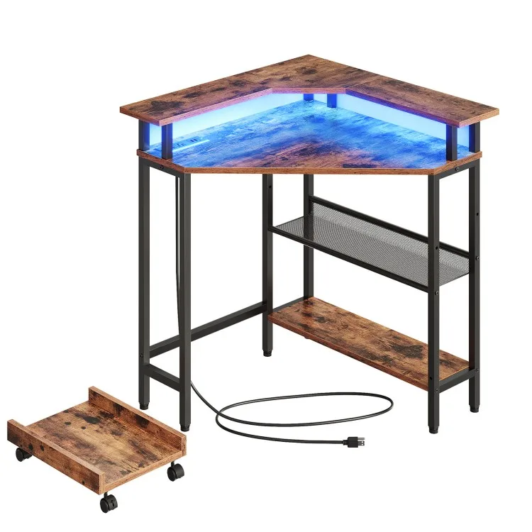 L Shaped Corner Desk, Gaming Table with Charging Station and LED Strip, 90° Corner Computer Table for Small Space in Home Office