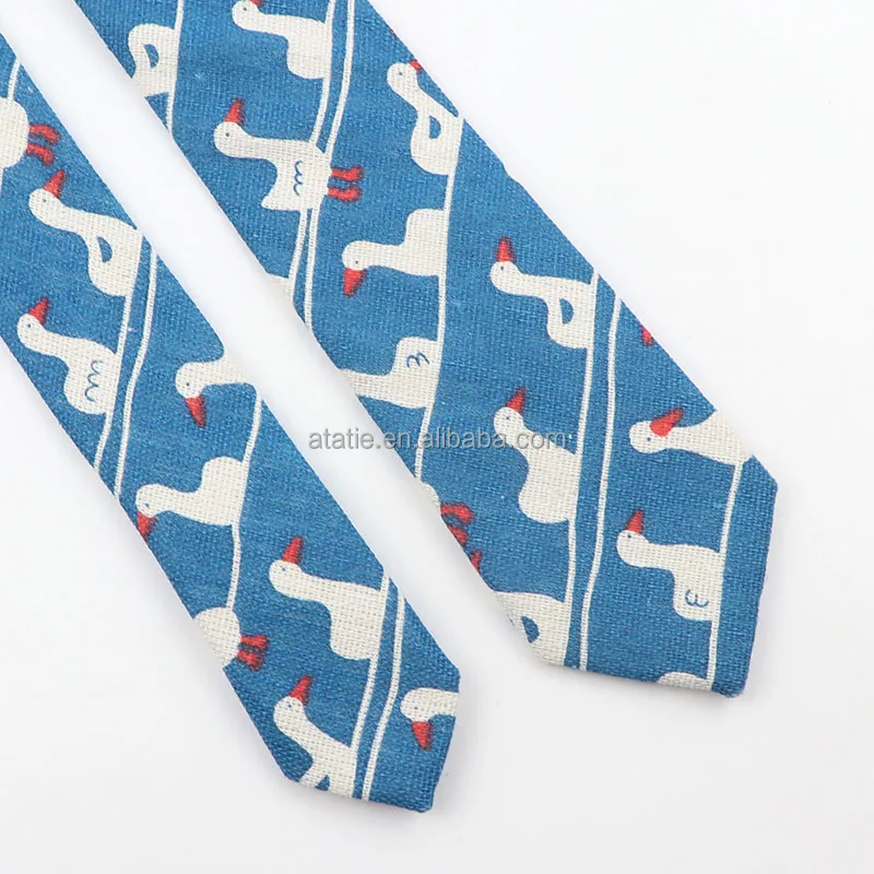 Cute Linen Cartoon Duck Cat Bear Tree 6cm Printed Funny Animal Tie For Men Narrow Striped Slim NeckTie Gifts Cravat Accessories