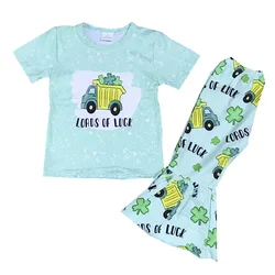 Boutique white spray-ink kids summer outfit cover truck print bell bottom wholesale clothing set