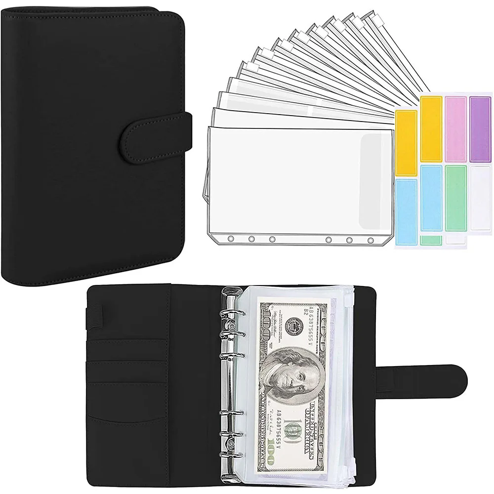 LABON A6 Binder Budget Planner Notebook Covers Folder A6 Size 6 Hole Binder Pockets Plastic Binder Zipper Money Saving Envelope