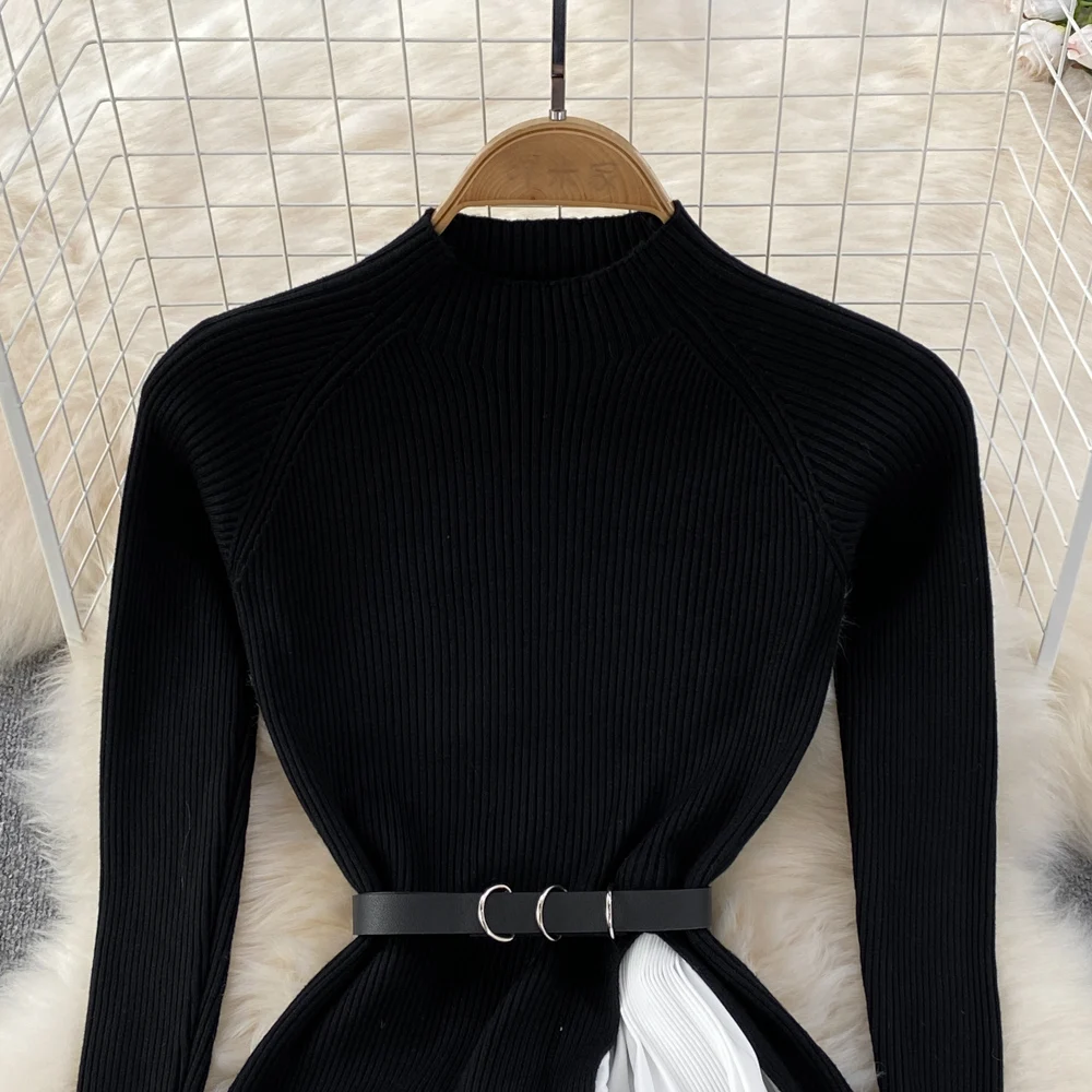 LE2685 Autumn Winter Knitted Dresses Factory Sweater Dresses Ladies Splicing Gradual Change Knitted Pleated Belted Swing Dresses