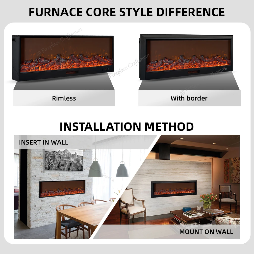 Indoor furniture french style 60 inch wall mounted decor led flame double 2 sided mirrored decorative electric fireplaces insert