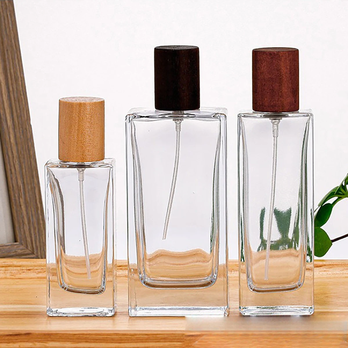 Transparent Rectangle Fragrance Spray Bottle 30ml 50ml 100ml Wooden Cap Perfume Glass Bottle with Atomizer