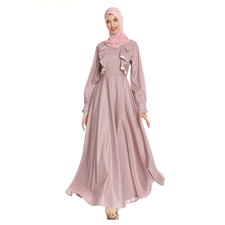 Arabic New Style Long Sleeve Dresses Pink  Ethnic Style Long Abaya Skirt Printing Women Ladies Muslim Gown Dress