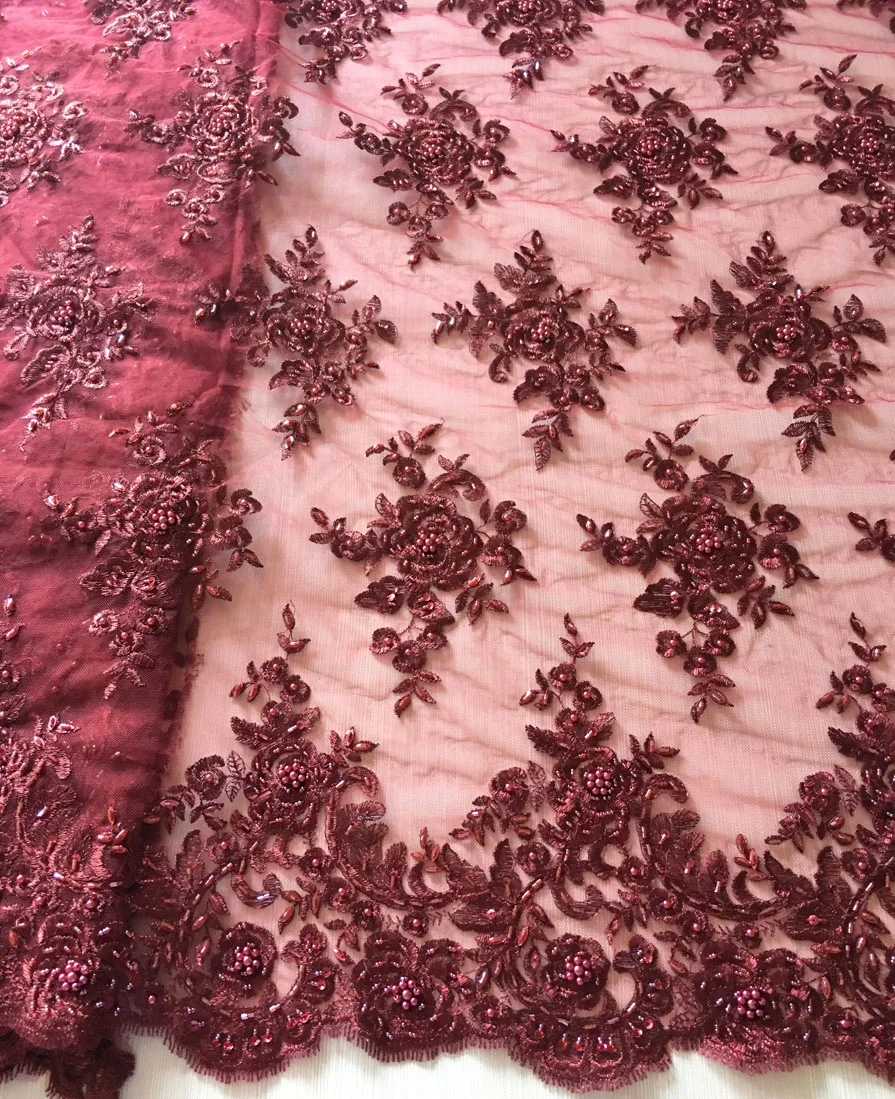 top fashion burgundy beaded tulle lace fabric for dress, metallic hand embroidered fabric