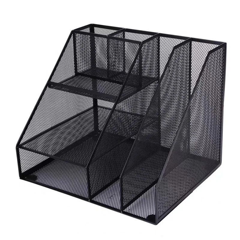 Multifunctional black metal mesh desk organizer file storage stationery set for office and home supplies