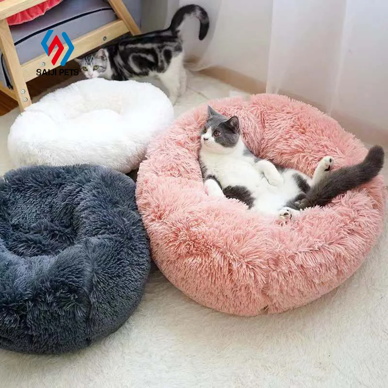Saiji dropshipping red pink white soft small large cheap dog cat round plush bed for sale