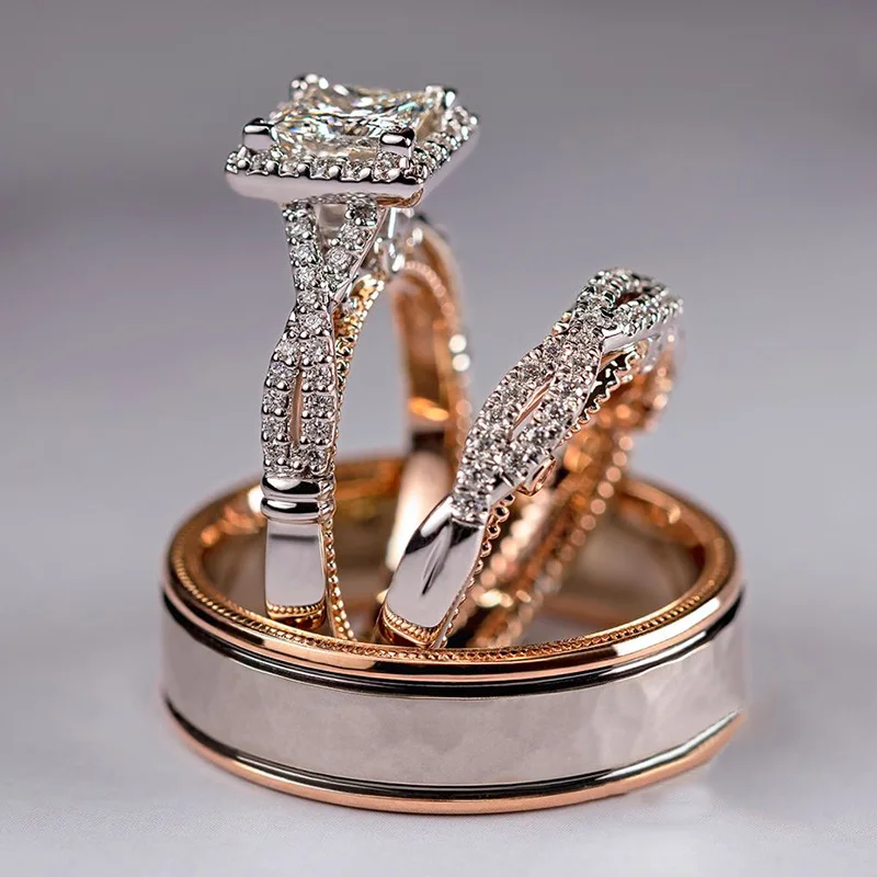 Luxury Couple Jewelry 3pcs Rose Gold Plated Diamond Twist Engagement Ring Square Zircon Wedding Ring Set Women Men