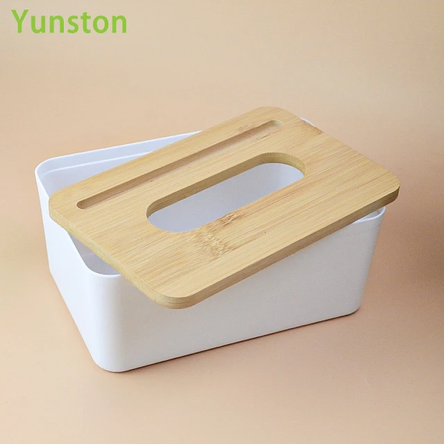 Plastic tissue box with phone holder Rectangular tissue box with wooden lid Plastic napkin boxes with custom patterns