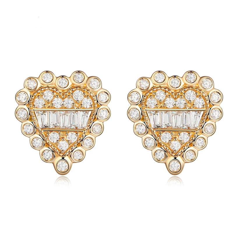 Firstmadam 18K Gold 0.28CT Natural Diamond Heart-Shaped Stud Earrings Baguette Cut Diamond
