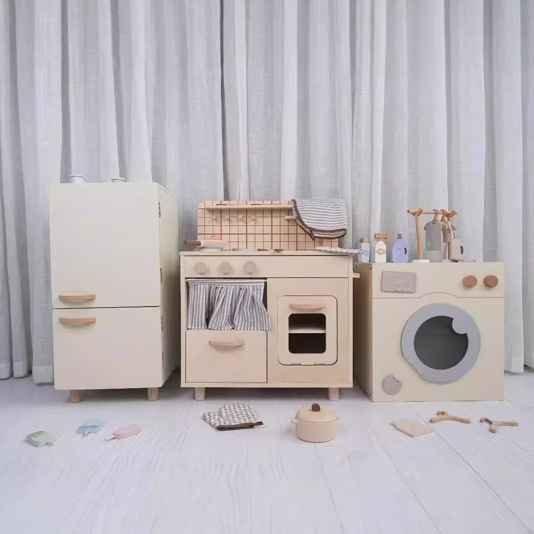 Kids Role Pretend Play Toy Cabinet Fridge Wash Machine Cookware Furniture Wooden Kitchen Set Toy for Children