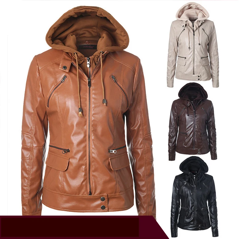 
Detachable Hooded Leather Womens Biker Multi Color Jacket 