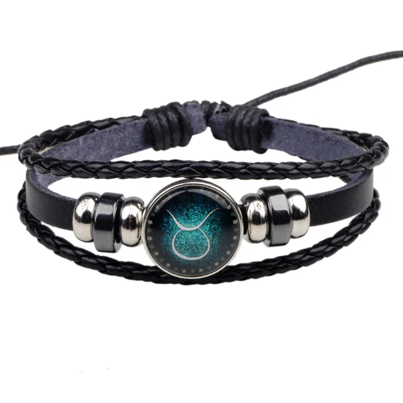Handmade Braided PU Leather Rope Bangle Horoscope Zodiac Bracelet