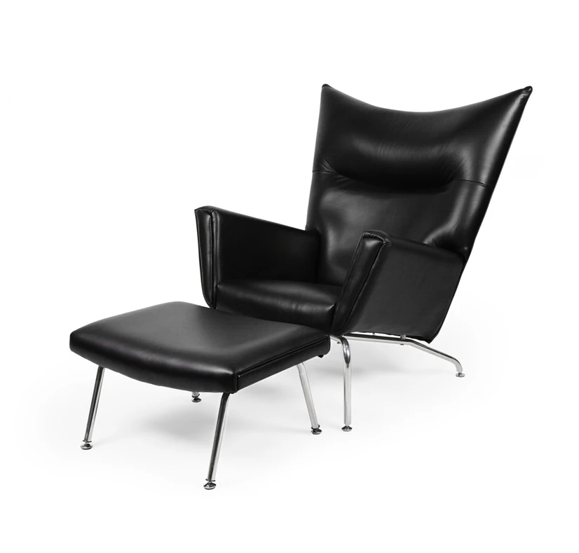 High back wing chair in leather mid century furniture