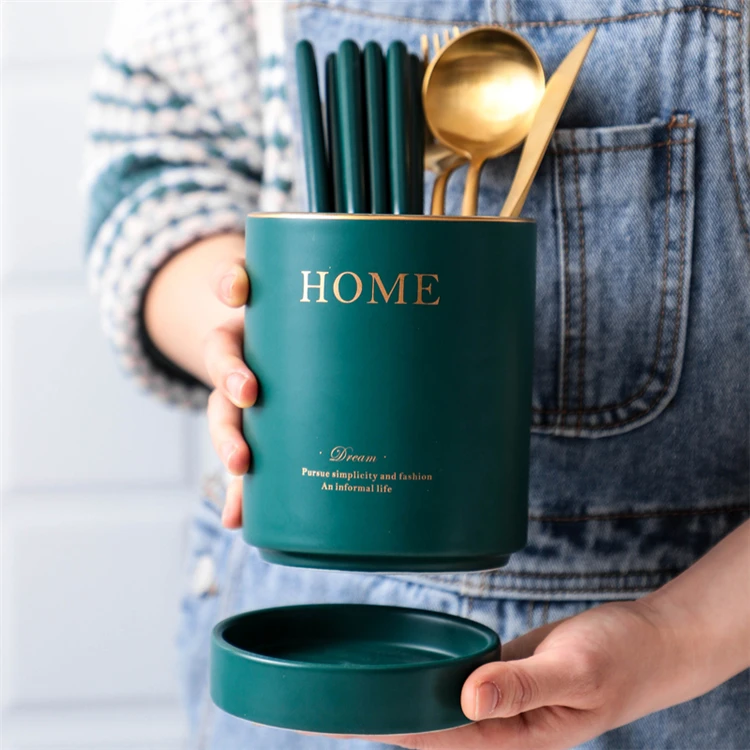 Home goods matte glazed table gold rim ceramic spoon and fork cutlery holder