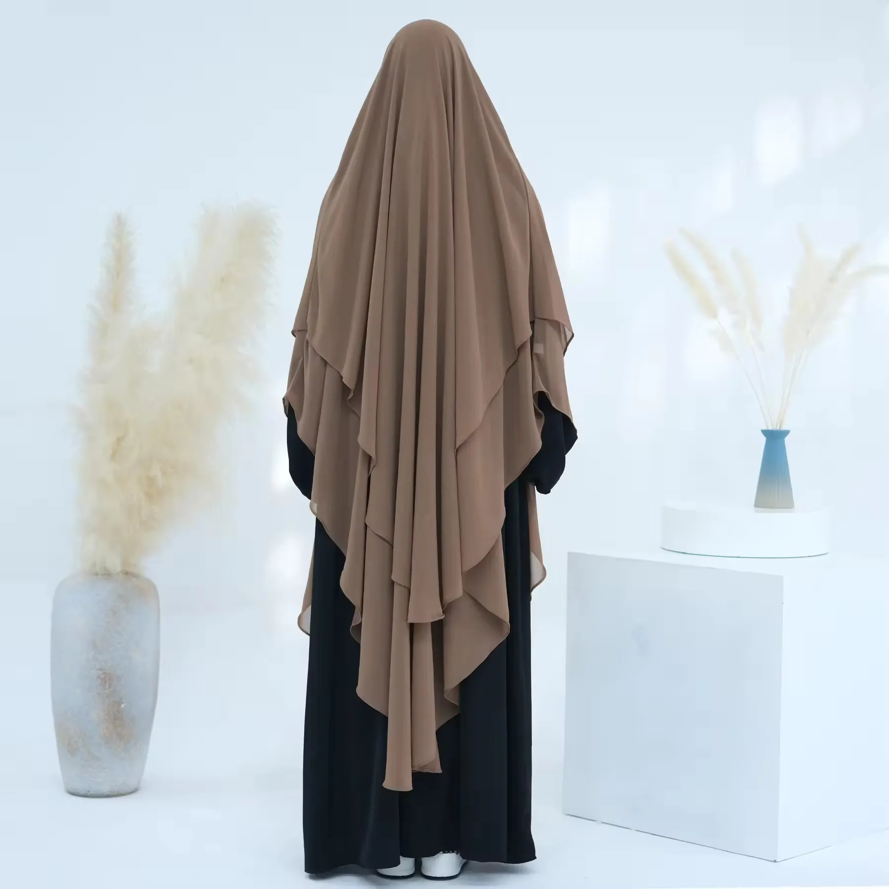 2024 New Turkey Overhead Tie Back Plain Prayer Scarf Muslim Women Hijab Dress 2 Layers Long Niqab Chiffon Khimar  satin