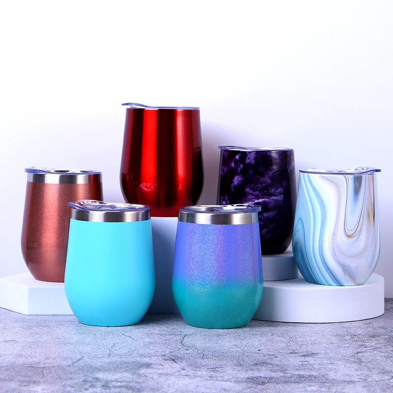 Factory Wholesale Customized 12oz Sublimation Wine Glass Cup Stainless Steel Insulated Reusable Egg Wine Tumbler Cup With Lid