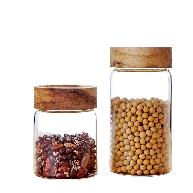 D80 350ml High borosilicate glass storage jar with wood lid for kitchen spice and condiment