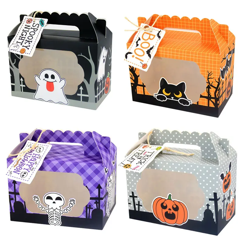 Halloween Clear Window Treat Box with Ribbon Trick-or-Treat Paper Gift Boxes Party Supplies for Birthday Cookies Candy Favors