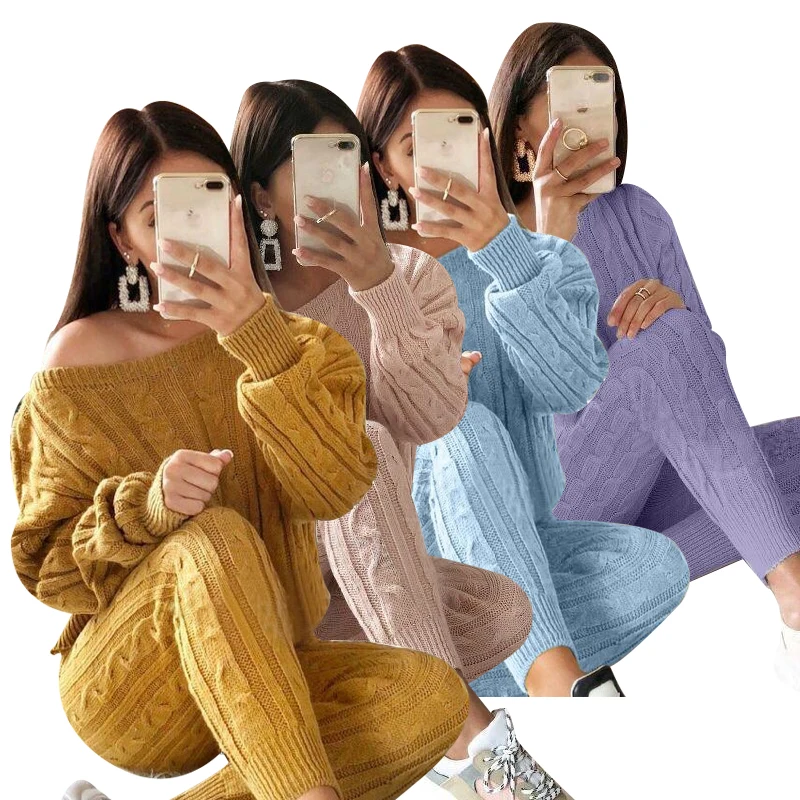 Custom Ladies Knitwear Winter Loungewear Plus Size Knitted Women Two Piece Sweater Set