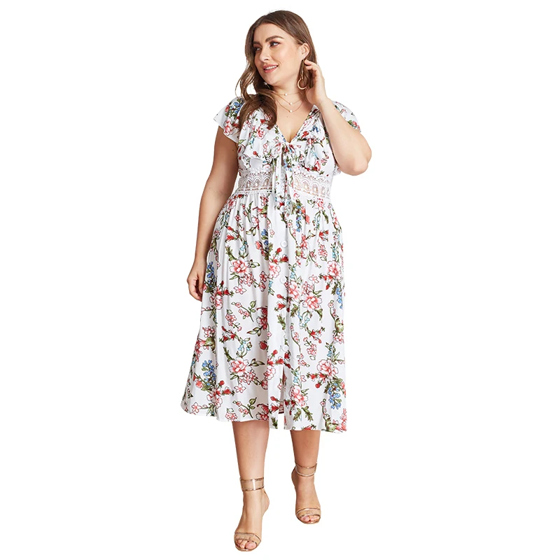 
2020 Summer Women Sexy Hollow Out Lace Print Plus Size Dress 