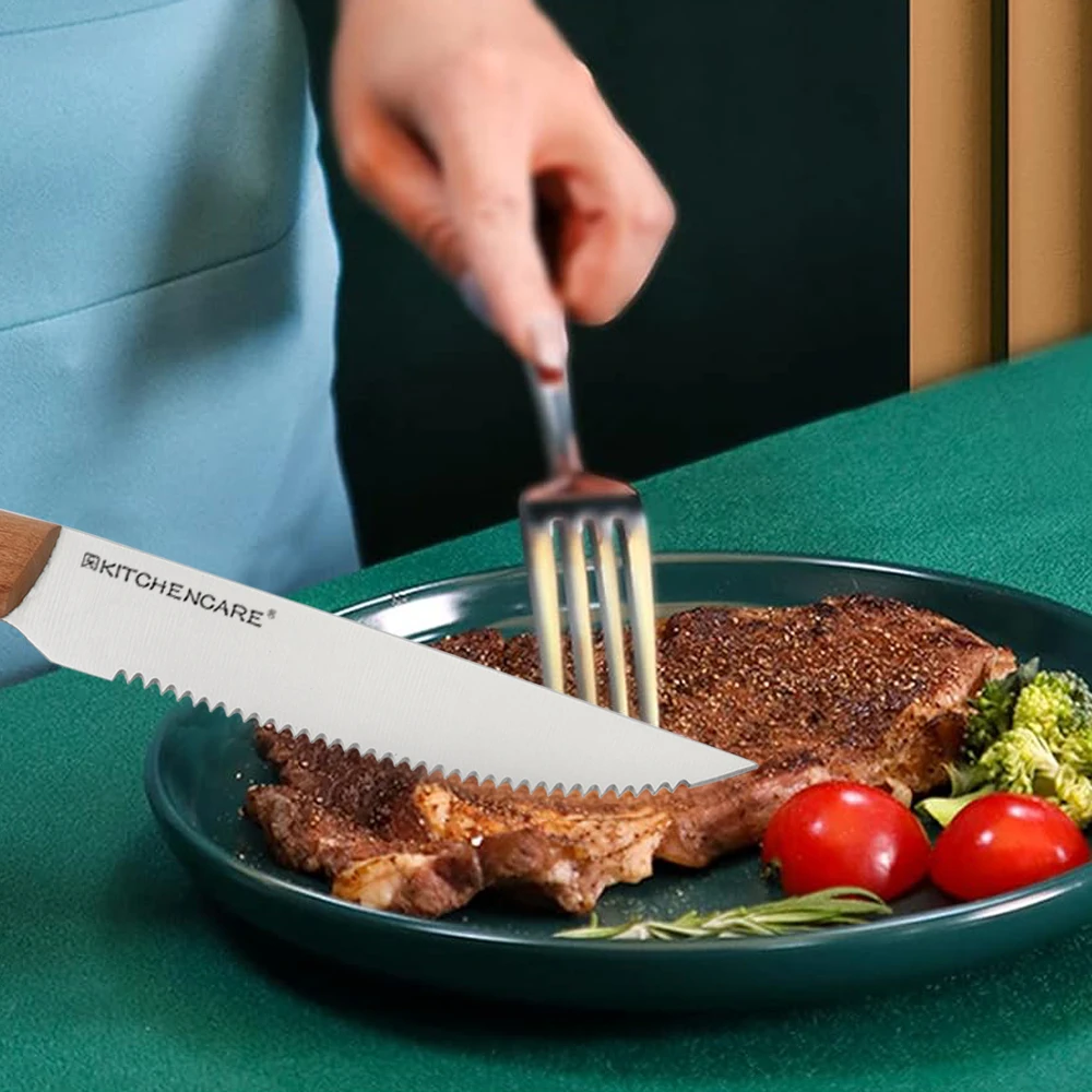KITCHENCARE 4 piece Kitchen Knives Set Custom Beaf Serrated Knife Wood Steak Knives Set