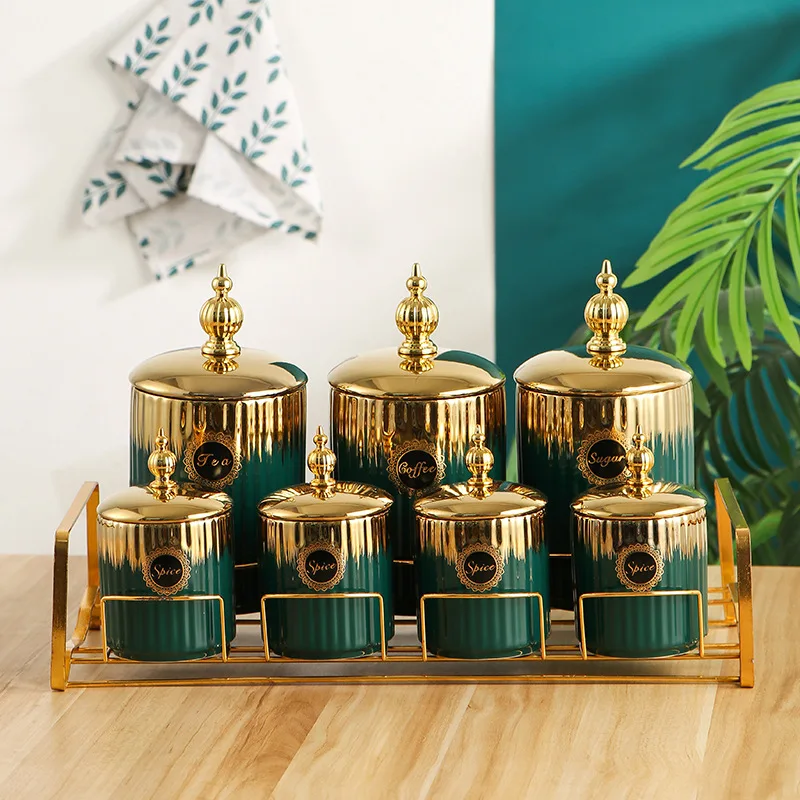Spicy Pot Set Rack Condiment Pot Set BIYOU and Gold Hot Selling Middle East Arabic Style Ceramic 7, for Family Kitchen Food