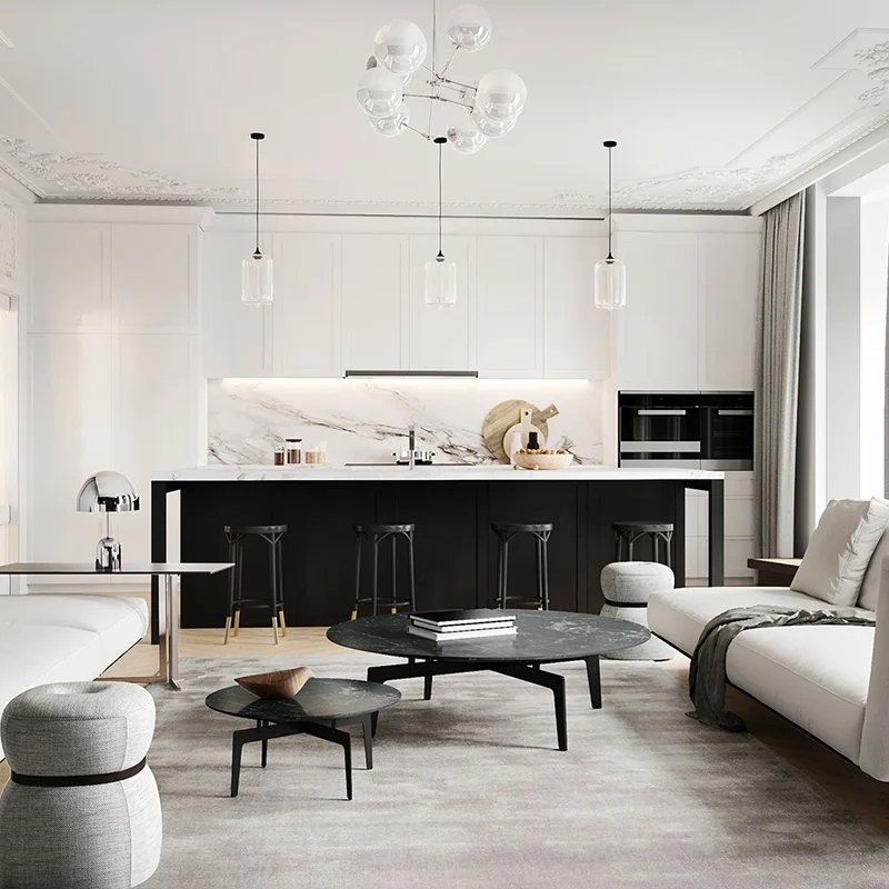 White Matt Modular kitchen with island Peninsula