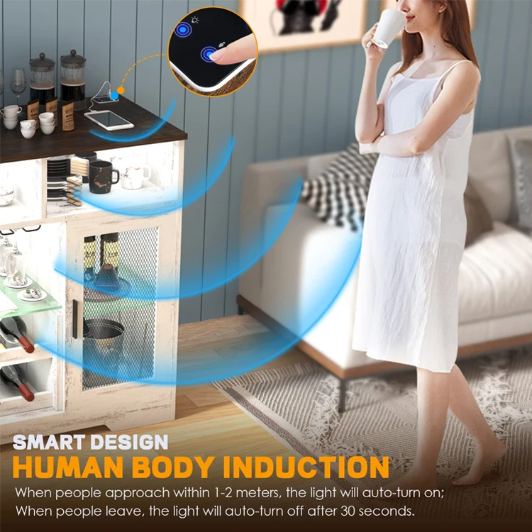 Home Living Dining Room Farmhous Power Outlet Wine Coffee Bar Cabinet Kitchen Sideboard LED Strip Liquor Buffet Rack Cabinet