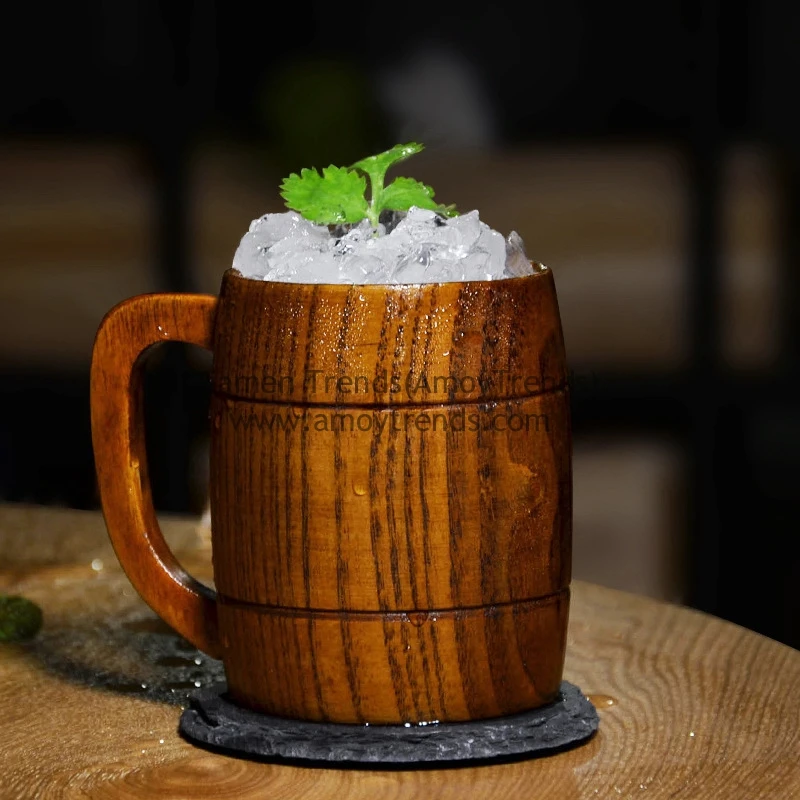 Hot sale engraved natural rustic barrel german Handmade vintage wood wooden Beer Mug with handle 18 oz 20oz wood Cup for barware