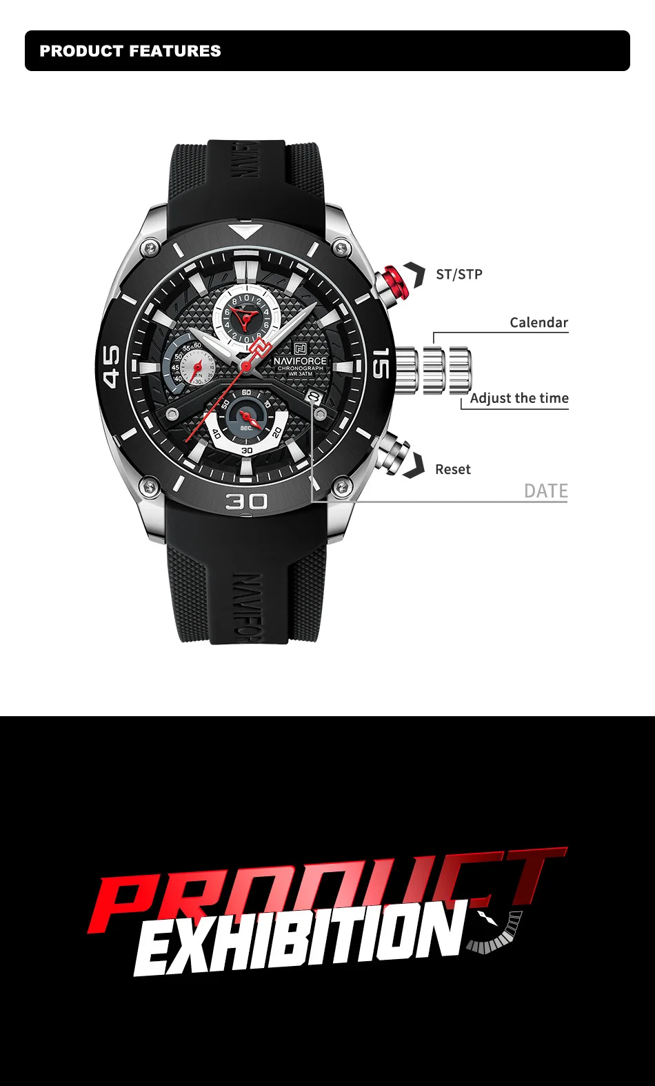 NAVIFORCE 8038 SBB Quartz Chronograph men watches China factory waterproof wristwatch with Fumed Silica band