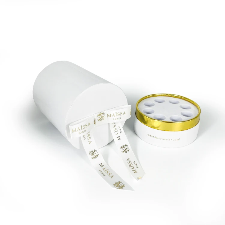 10 мл флаконов для духов упаковка на заказ Золотая фольга тисненый логотип картонная круглая трубка коробка с ленточными украшениями