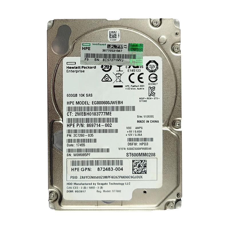 Original HPE 872483-004 600GB 10kRPM 2.5in DS SAS-12G SC Enterprise G9 G10 HDD EG000600JWEBH