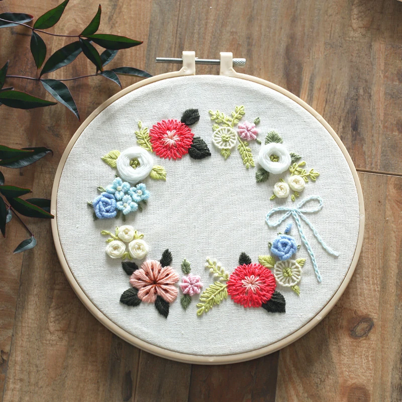 Hot DIY Stamped Floral Embroidery Starter Kit with Flowers Plant Pattern Cloth Color Threads Tools Cute Needle Work