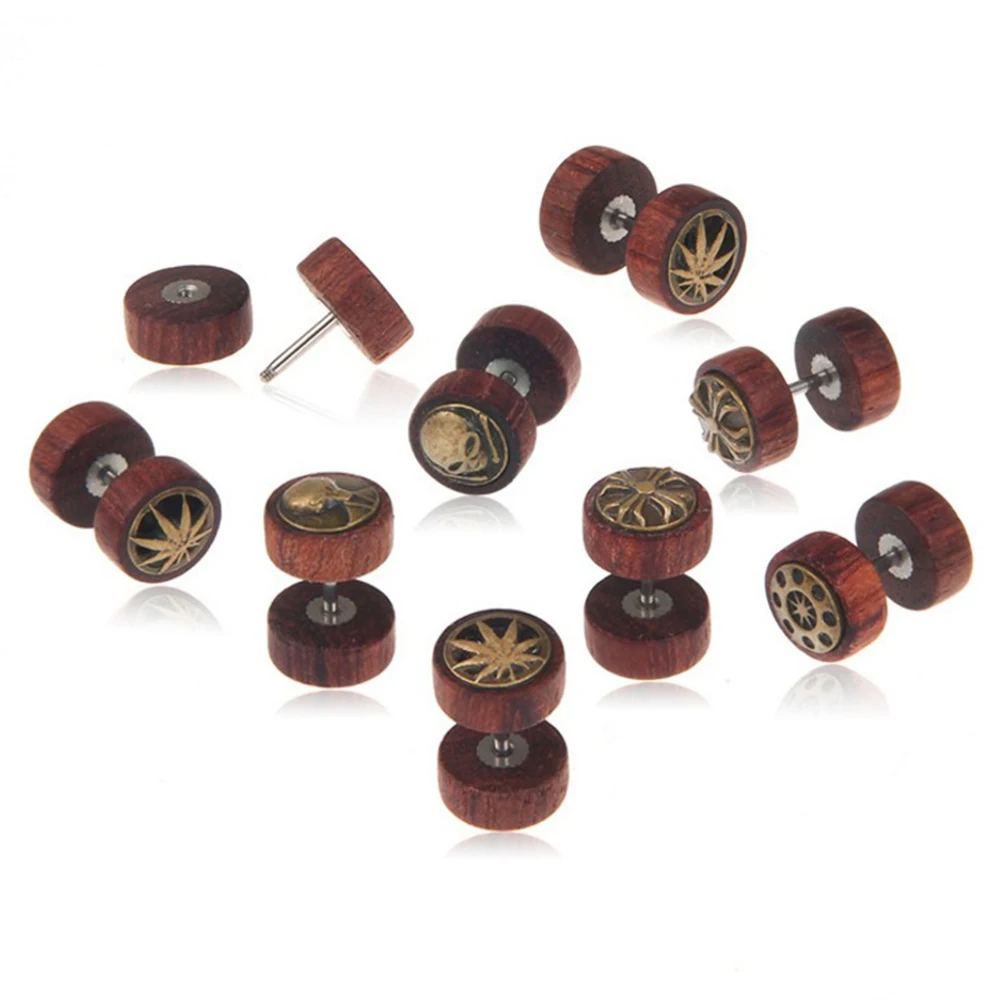 Round Skull Korean Ear Stud Wholesale Wood Earring For Men