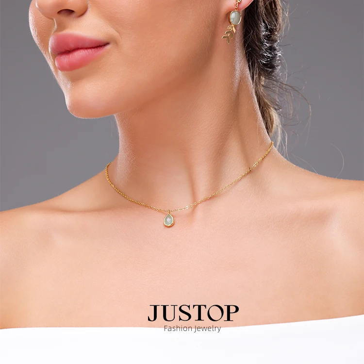 Natural Stone Valentines Necklace Sets Teardrop Stone Necklace Pendant Women Simple Chain 18K Gold Plated Trendy Necklace