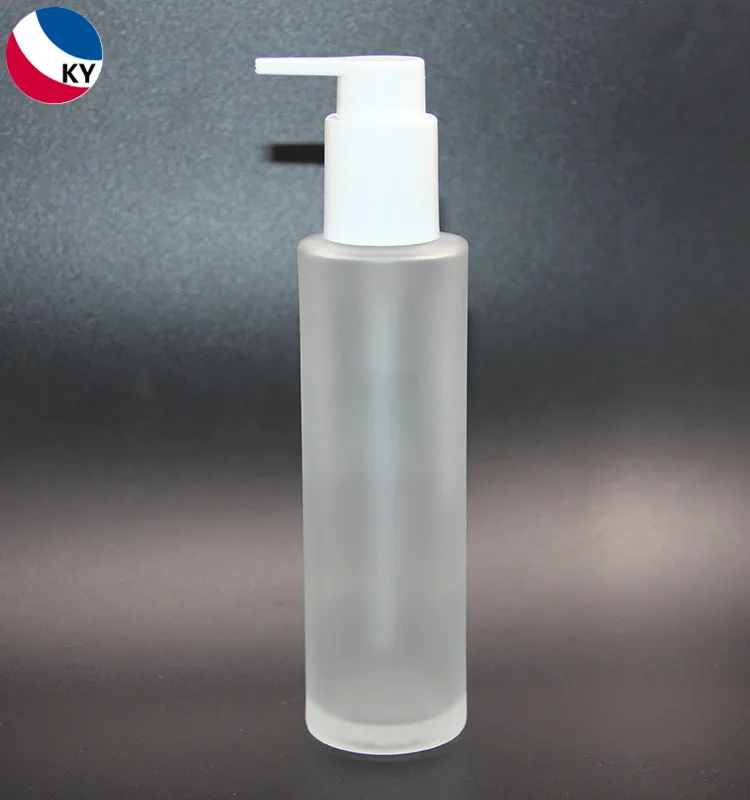 Hot sale 4oz 120ml flat shoulder cylinder round frosted clear glass pump  bottle skincare packaging