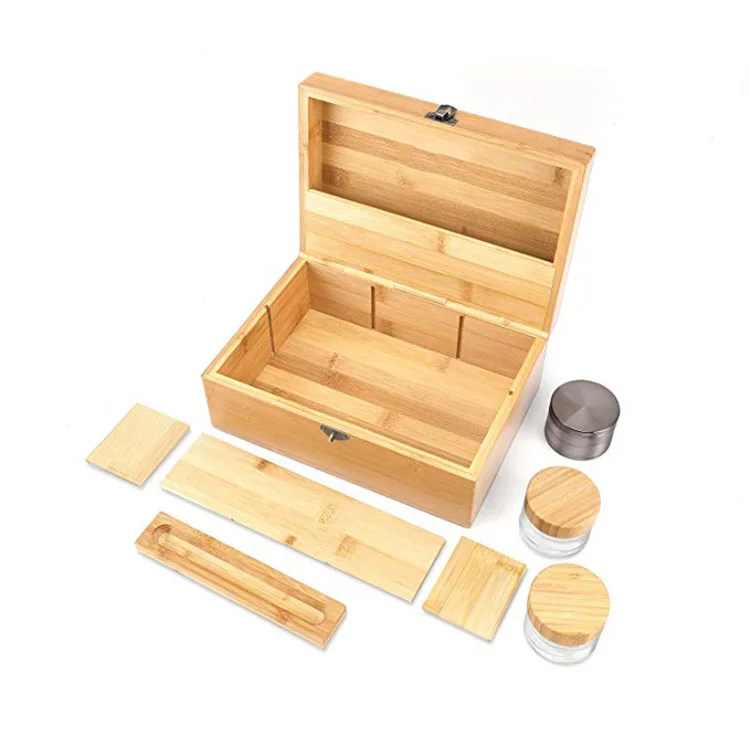 
Factory Price eco friendly bamboo wooden storage weed stash box grinder UV smoking Rolling Tray 