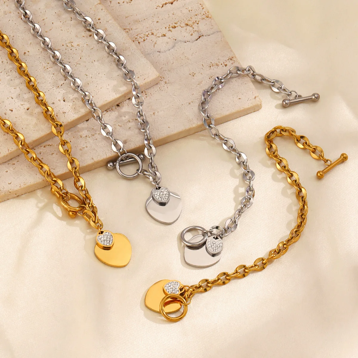 Hip-hop Double Love Heart Zircon Pendant Necklace Bracelet With Ot Buckle Stainless Steel Jewelry Set For Women