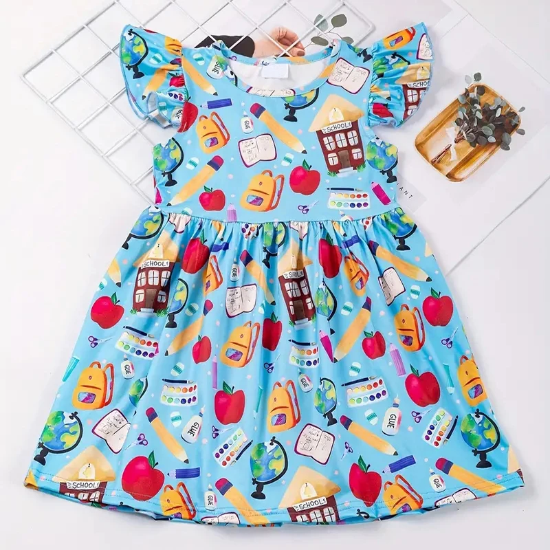 Organic bamboo kids dresses for girls ruffle sleeve 6-year old girl dress custom print dress kids jersey children clothes
