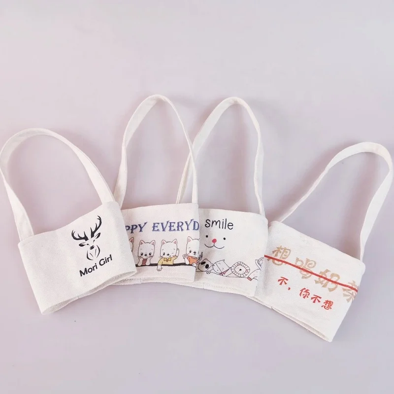 New Design Customized logo printed Reusable canvas coffee cup Sleeves with handle