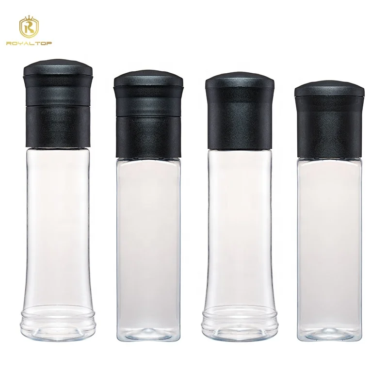 wholesale 12oz clear pet spice packaging seasoning mill bottle jar plastic shaker pepper and himalayan salt grinder