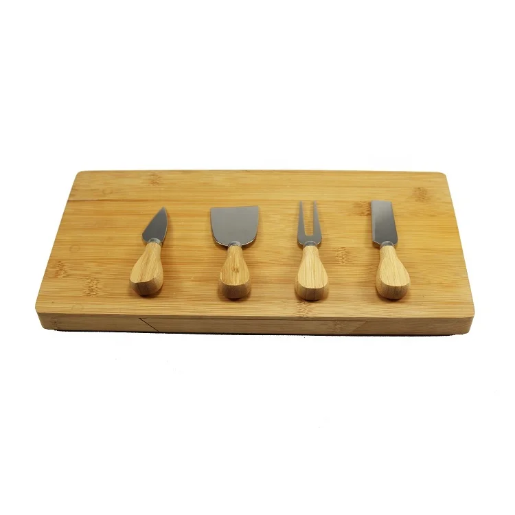 
Bamboo Cheese Serving Board and 4 Pieces Cheese Knife with Slide-Out Drawer 