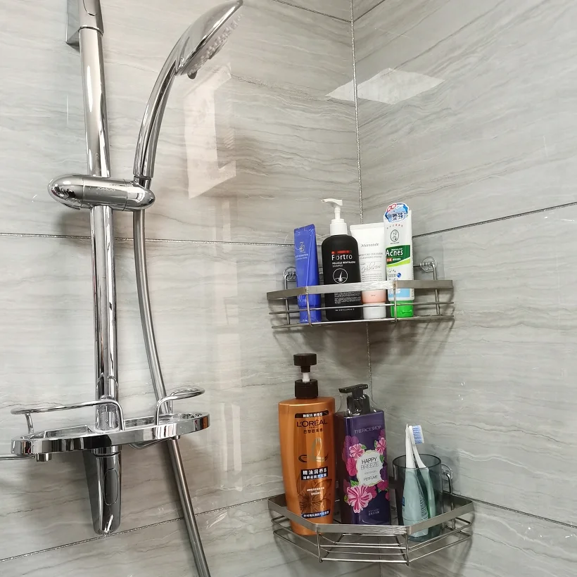 304 SUS 2 tiers corner shower caddy wall mouinted shower caddy basket shelf with non- adhesive stick shampoo holder organizer
