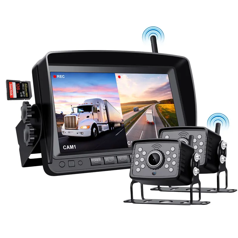 7' Ips Hd Split Monitor with 2 Channels Wireless For Rv Truck Bus Trailer Lorry 12V 36V Reverse Camera Truck Backup Camera