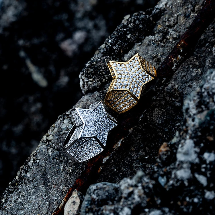 Custom HipHop Jewelry Iced Out Star Gold Silver Finger Ring For Men