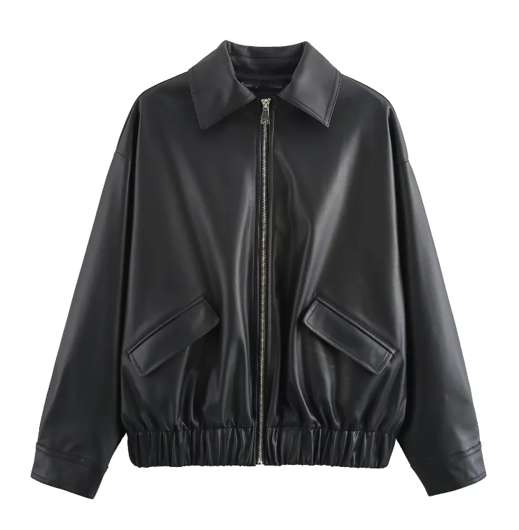 Guangzhou Auyan 2025 Spring New Fashion High PU leather loose with fashion square collar leather jacket Coat