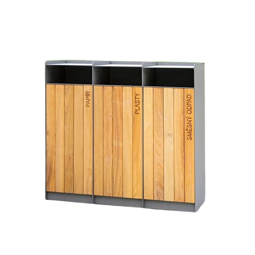 Large wooden waste litter bin outside recycling park public wood garbage bin