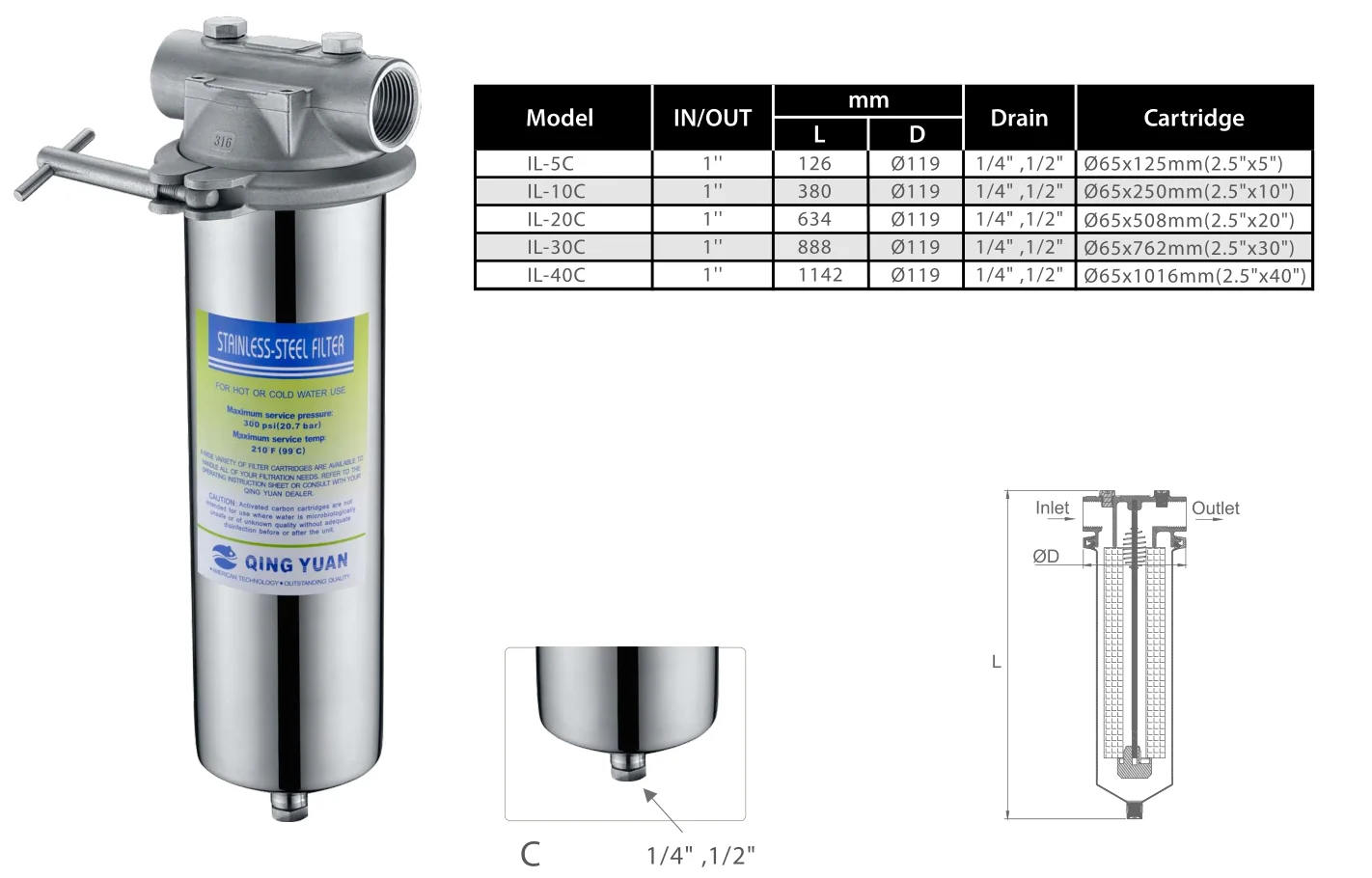 HONG HUI IL-10C Filter Manufacturing Household 10 Inch Stainless Steel 304 Water Purifier Water Filter Housing